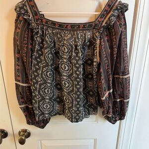 Free People Black and Rose Boho Square-Neck Peasant Blouse